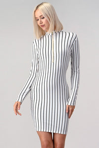 Off White/Black Stripe Bodycon Zipper Dress