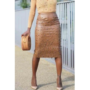 Her Brown Studded Pencil Skirt